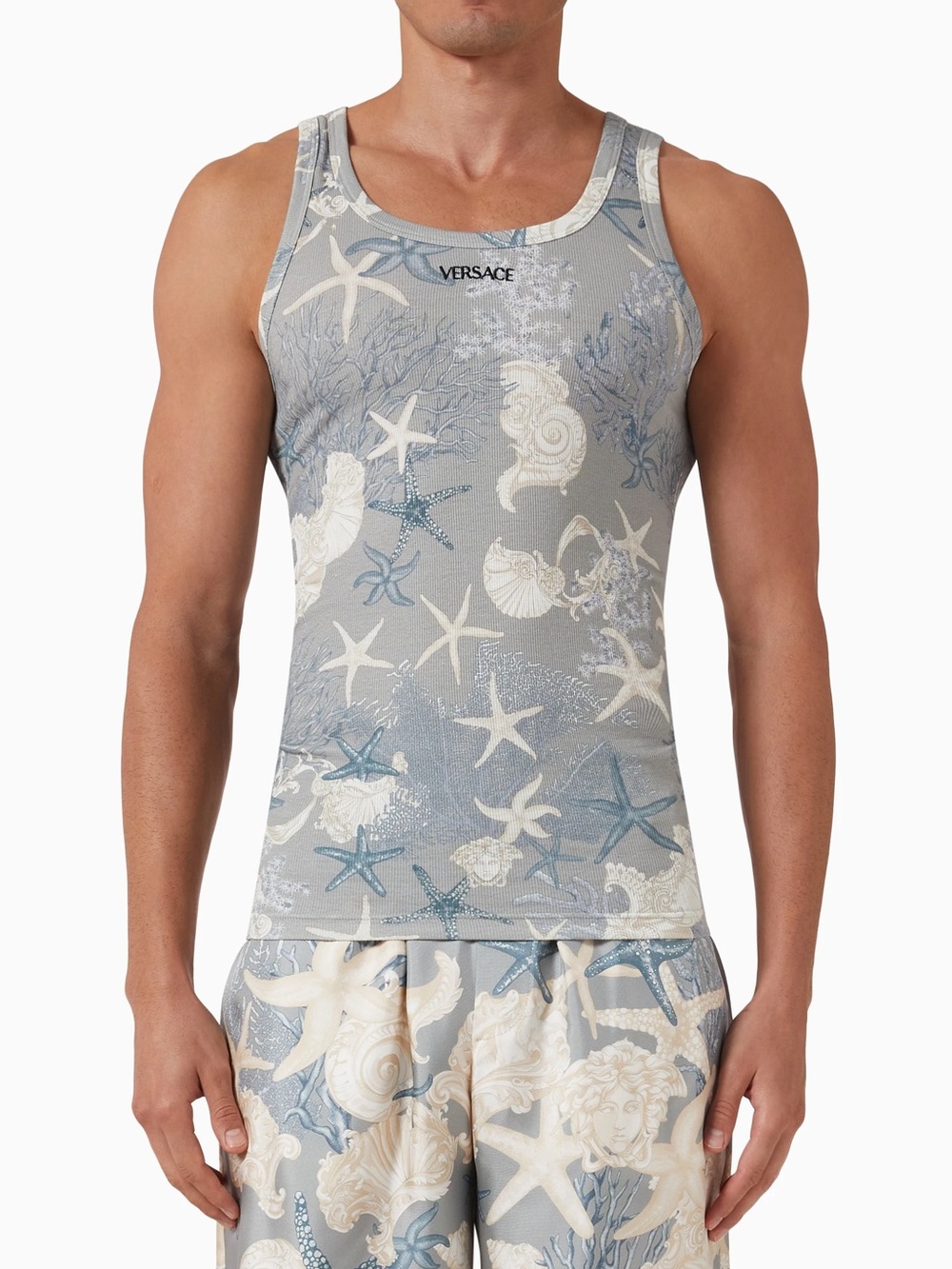 Versace Gray and Blue Seashell Print Tank Top